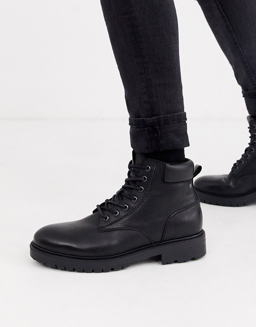 Jack & Jones leather chunky sole lace up boots in black