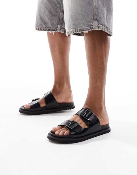 Jack & Jones leather double strap sandal in black - view 1