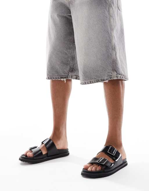 Jack & Jones leather double strap sandal in black