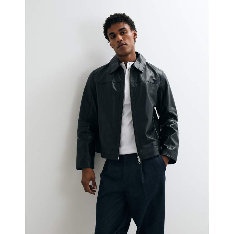 Jack & Jones leather double zip jacket in black | ASOS