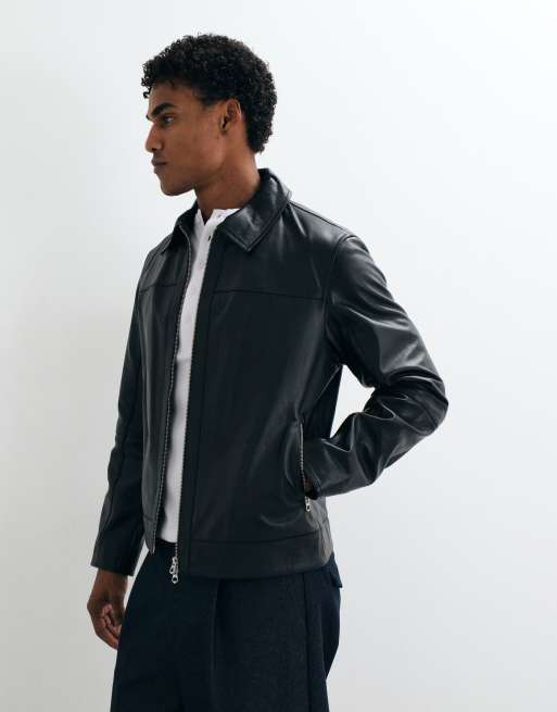 Jack & Jones leather double zip jacket in black, 3 of 5