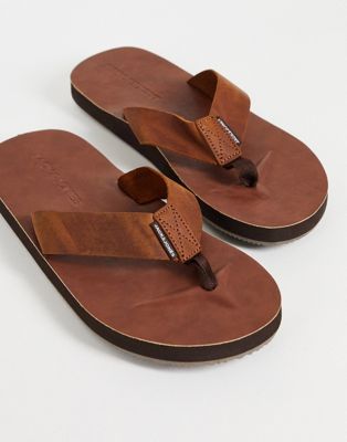 Jack & Jones leather flip flops in brown