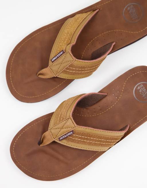 Jack Jones leather flip flops in tan ASOS