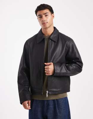 Jack & Jones Jack & Jones leather harrington jacket with double zip in black
