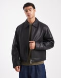 [Jack & Jones] Jack & Jones leather harrington jacket with double zip in black S Black