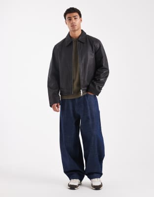 Jack & Jones Leather Harrington Jacket With Double Zipper In Black