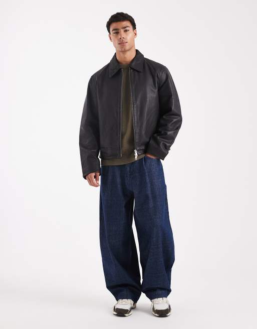 ジャケット・アウター PAIR SLOPE short leather Harrington jkt Mens Real Leather Harrington Jacket Classic Zip Box Style