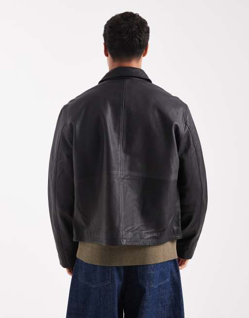Jack & Jones leather harrington jacket with double zipper in