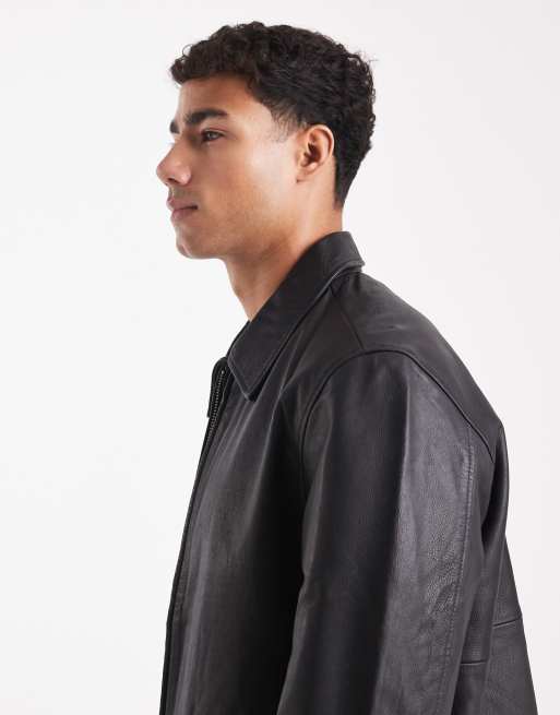 Jack & Jones leather harrington jacket with double zipper in