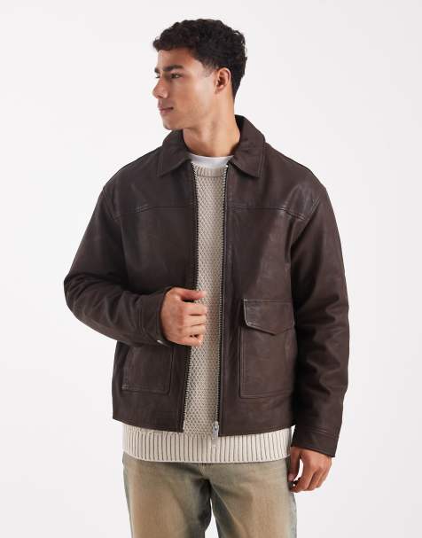 Jack & Jones leather harrington jacket with pockets in chocolate brown - view 1
