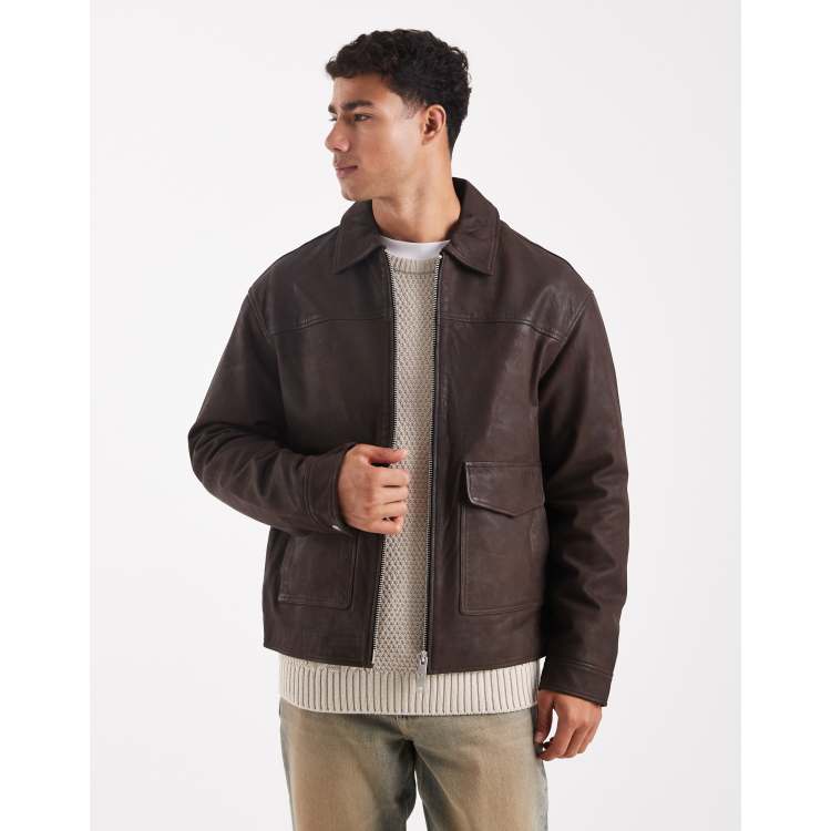 Jack & Jones leather harrington jacket with pockets in chocolate