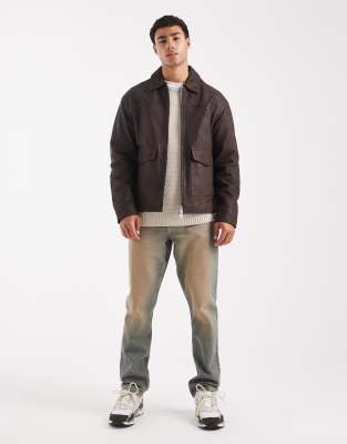 Jack & Jones Leather Harrington Jacket With Pockets In Multi