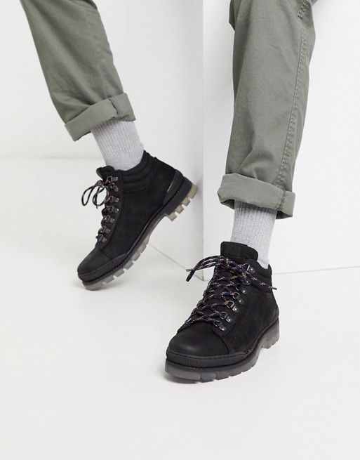 Jack & Jones leather hiking boot in black