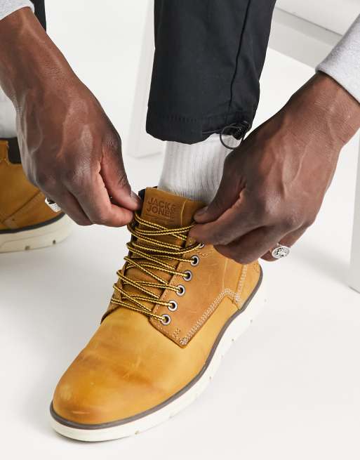 Jack Jones leather lace up ankle boots in honey