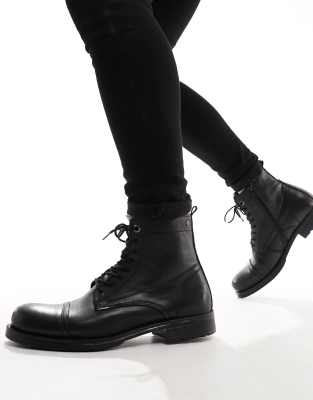 Jack & Jones Leather Lace Up Boot In Black