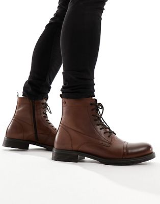 Jack & Jones leather lace up boot in brown - ASOS Price Checker