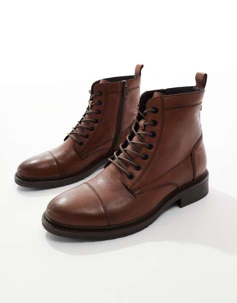 Jack & Jones leather lace up boot in brown - view 1