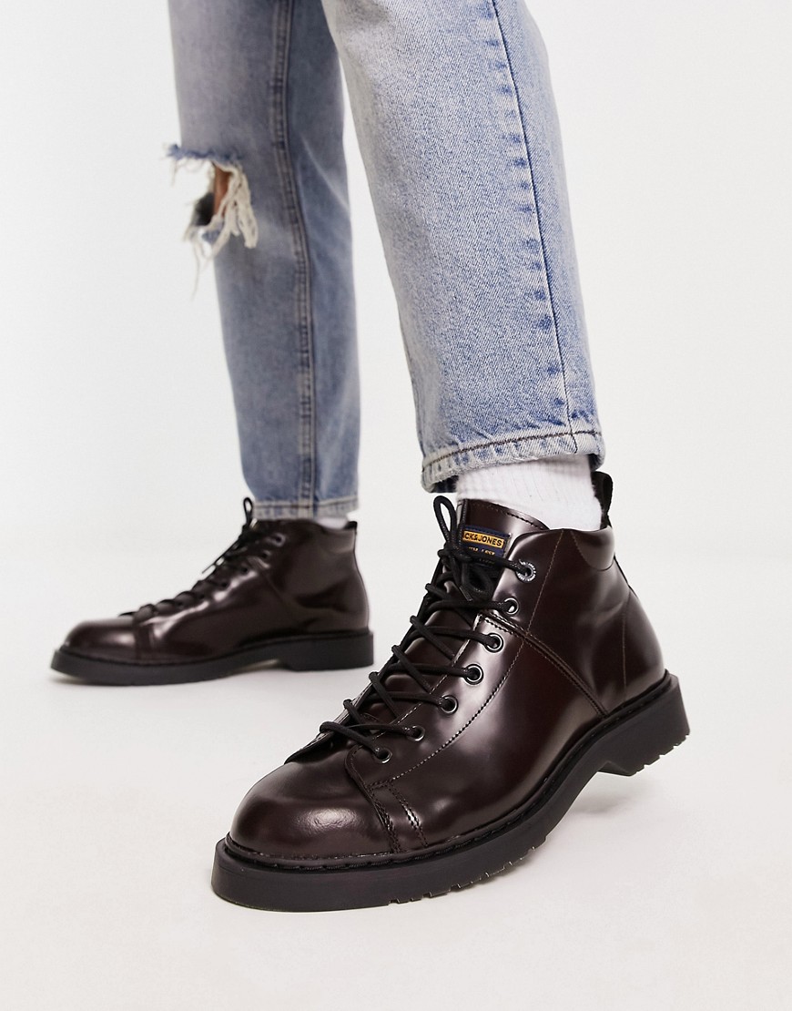 Jack & Jones leather lace up boot in burgundy-Red