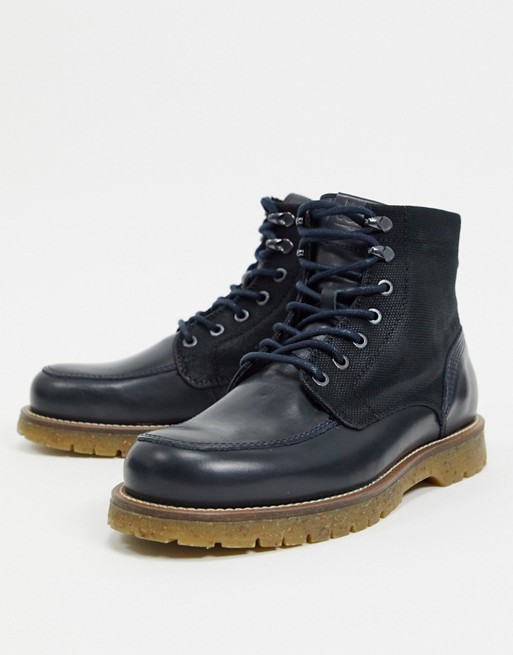 Jack & Jones leather lace up boot with chunky sole in navy