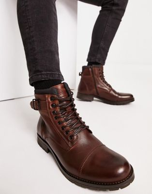 Jack & Jones leather lace up boot with cuff in brown