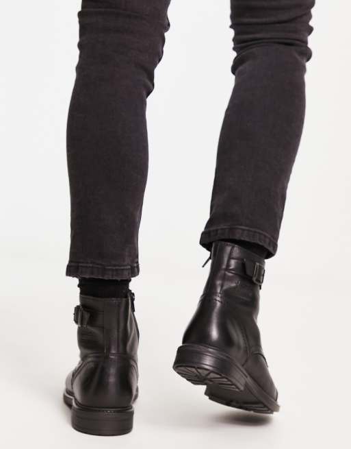 Jack & Jones leather lace-up boot with side zip in black | ASOS display picture 1