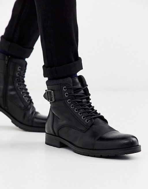Jack & Jones leather lace up boots in black