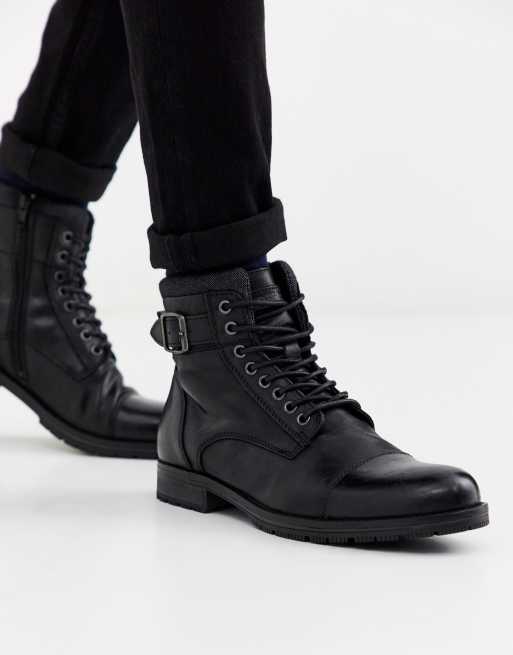 Jack & Jones leather lace up boots in black | ASOS