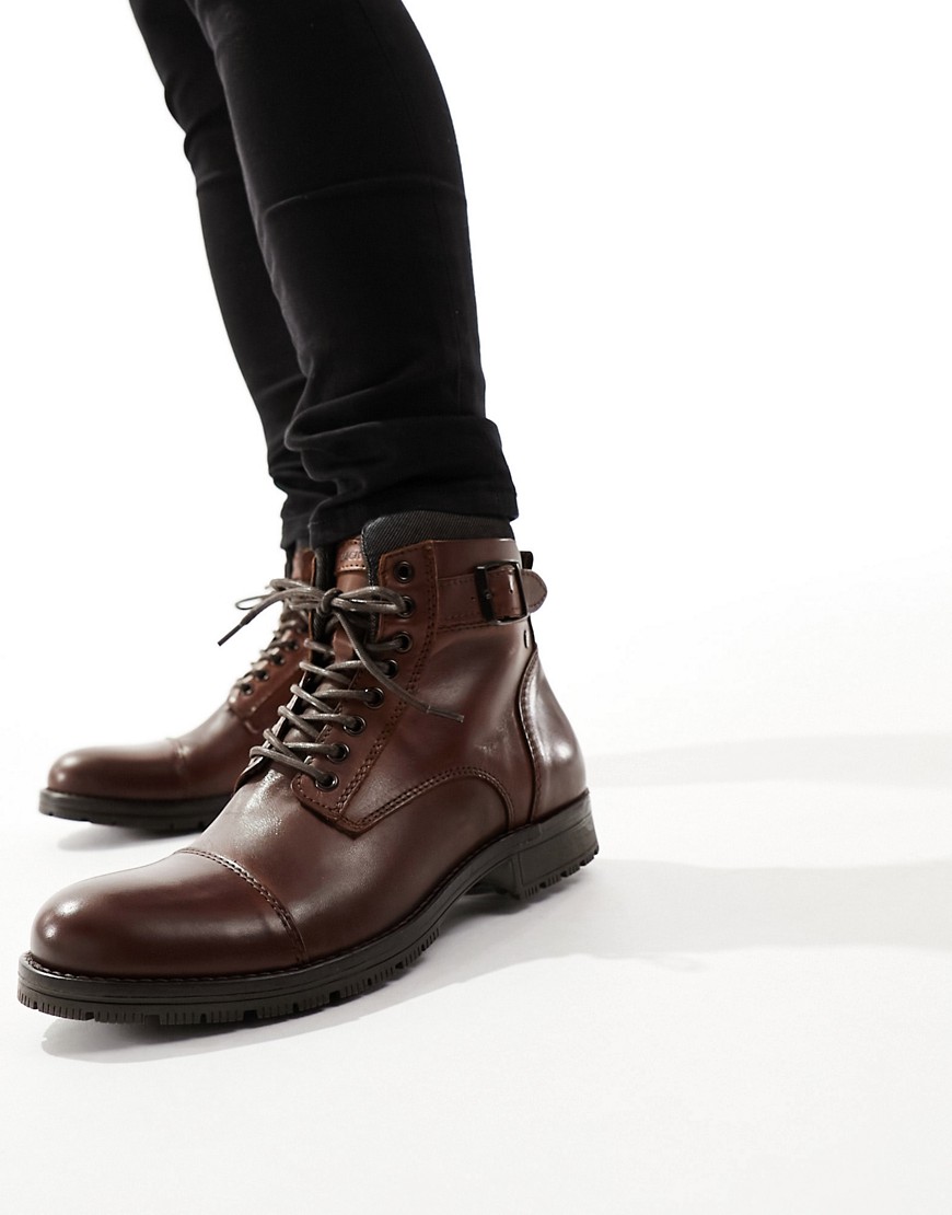leather lace up boots with buckle in brown