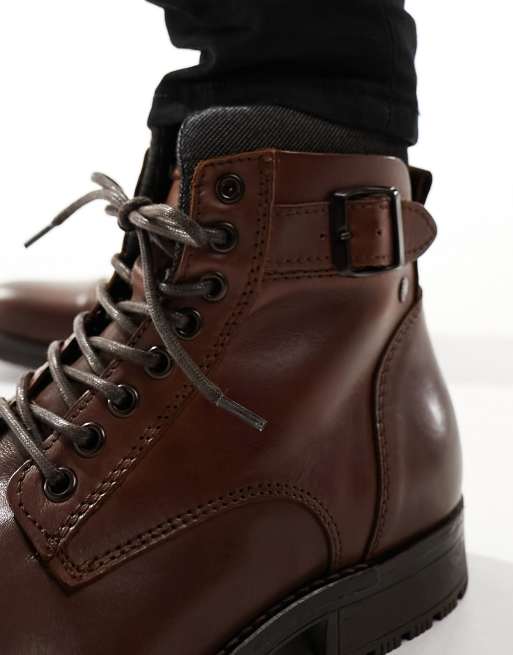 Jack & Jones leather lace up boots with cuff in brown