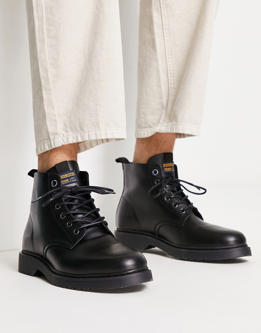 Jack & Jones leather lace up boots with chunky sole in black