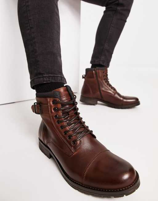 Jack & Jones leather lace up boots with cuff in brown