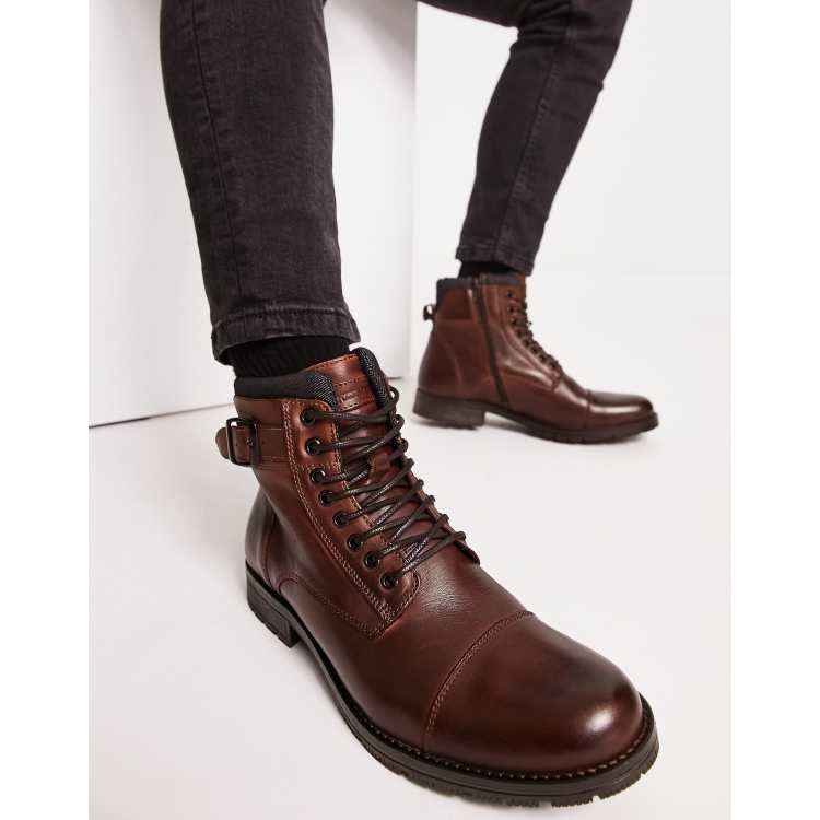 Jack Jones leather lace up boots with cuff in brown