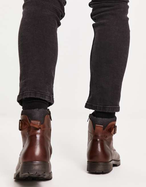 Jack & Jones leather lace up boots with cuff in brown