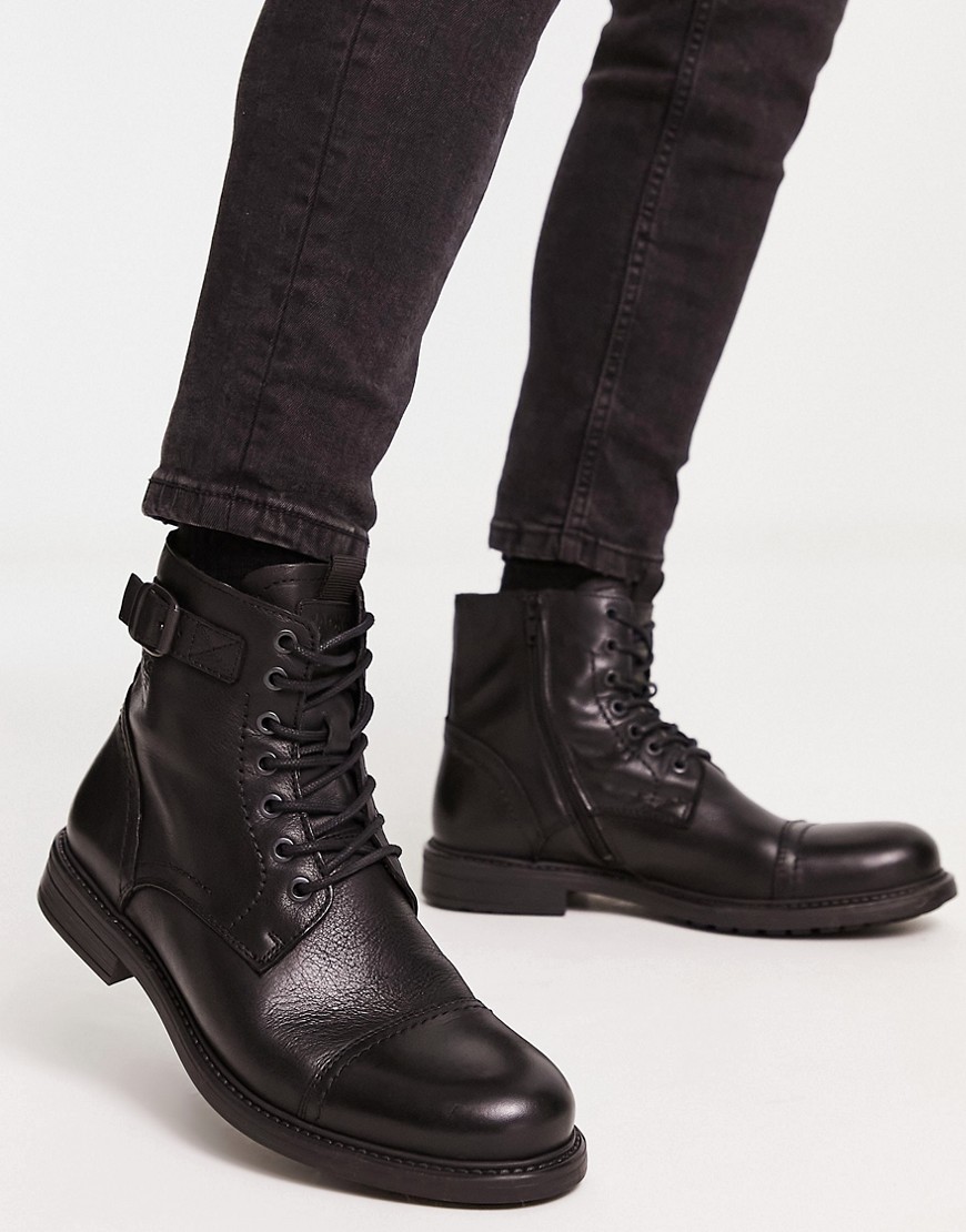 Jack & Jones Leather Lace Up Boots With Side Zip In Black
