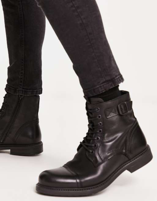 Jack Jones leather lace up boots with side zip in black ASOS