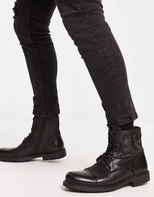 Jack Jones leather lace up boots with side zip in black ASOS