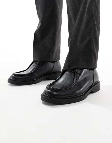Jack & Jones leather lace-up moc shoes in black - view 1
