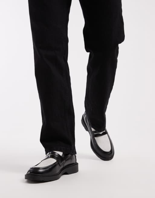 Jack & Jones leather loafer with contract floral print in black