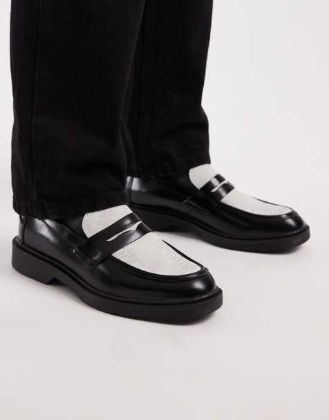 Jack & Jones leather loafers with contract floral print in black - view 1