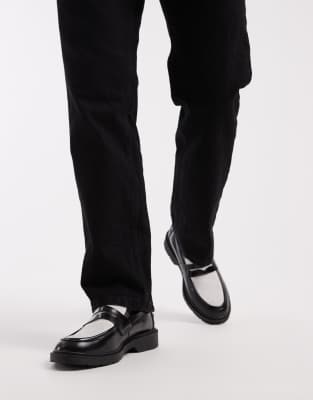 Jack & Jones Leather Loafers With Contract Floral Print In Black