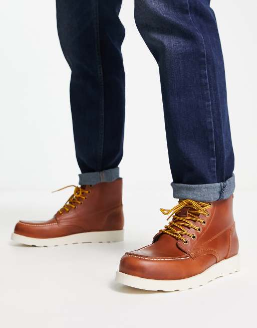 Jack Jones leather moc toe lace up boots in tan ASOS