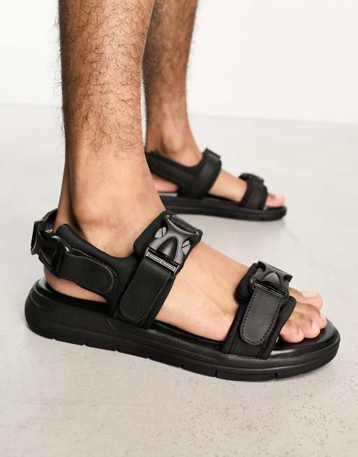 Jack & Jones leather tech sandal in black | ASOS