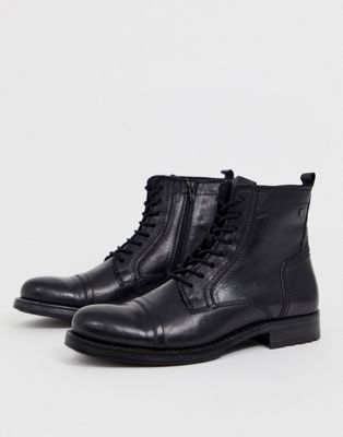 Jack & Jones - Leren laarzen met veters in zwart