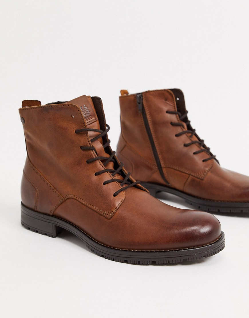 Jack & Jones - Leren laarzen met vetersluiting in bruin
