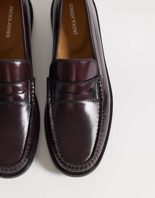 Jack & Jones - Leren penny loafers in bordeauxrood, 3 van 4