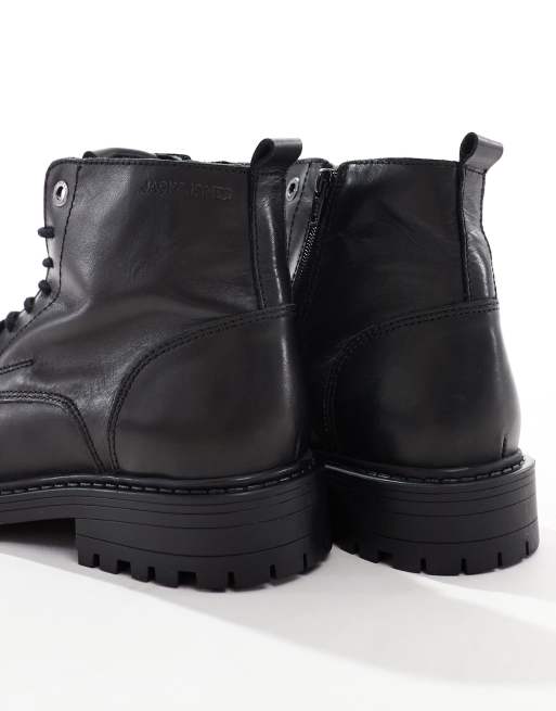 Jack & Jones - Leren veterlaarzen met dikke zool in zwart, 3 van 4