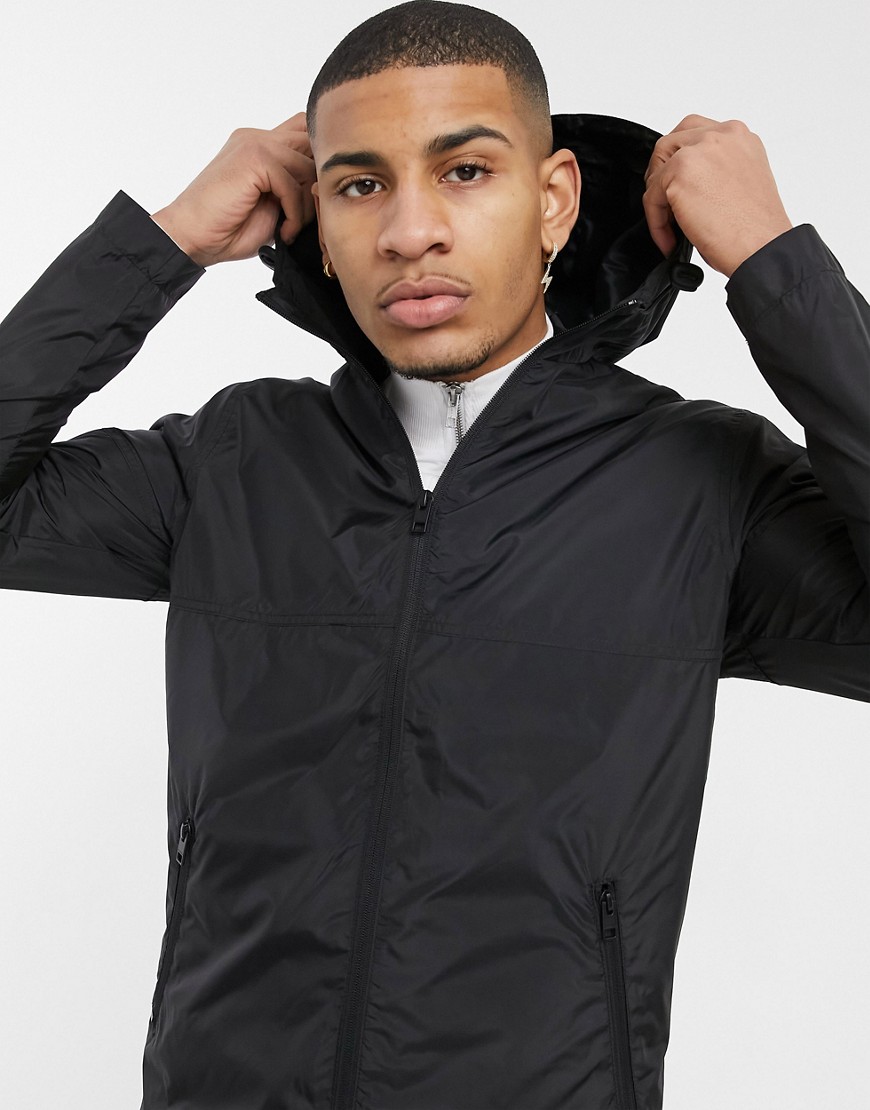 Jack & Jones lightweight longline jacket with hood in black-Navy