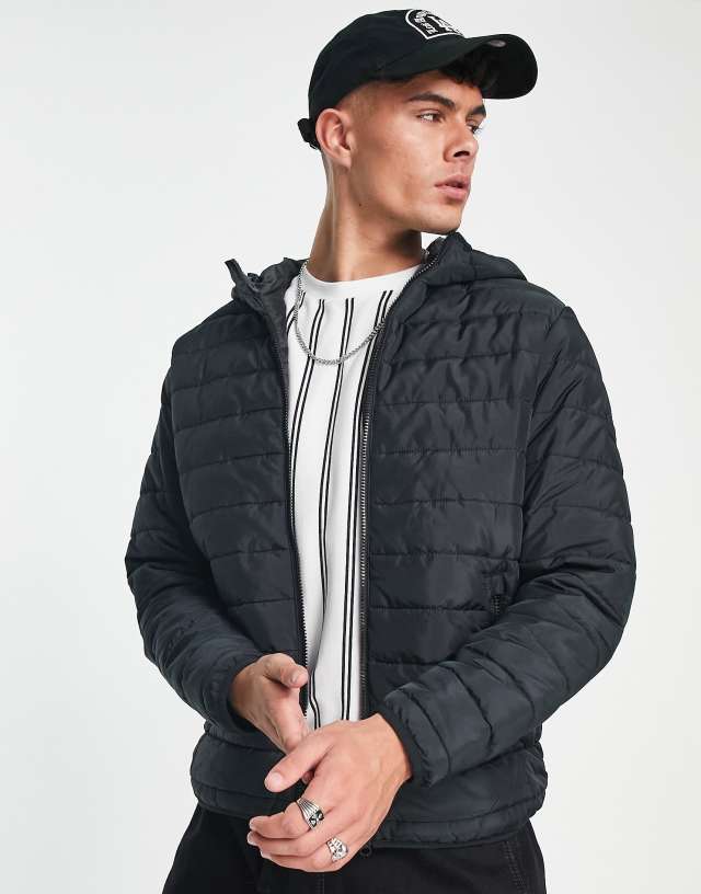 Jack & Jones lightweight puffer jacket with hood in black