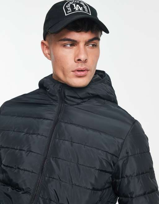 Jack & Jones lightweight puffer jacket with hood in black | ASOS