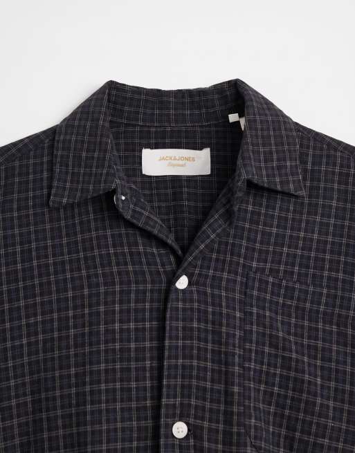 Jack & Jones linen blend cropped short sleeve check shirt in black, 8 of 9